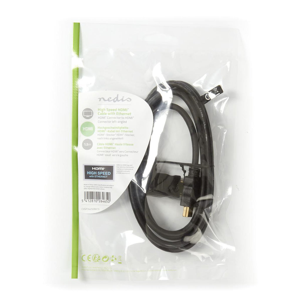 Nagy Sebességű HDMI ™ kábel Ethernet | Bal Hooked HDMI ™ csatlakozó | HDMI™ Csatlakozó | 4K@30Hz | 10.2 Gbps | 1.50 m | Kerek | PVC | Fekete | Műanyag Zacskó