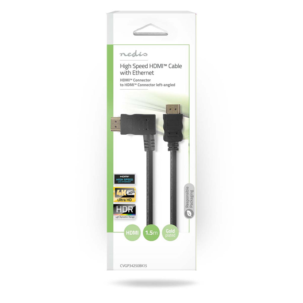 Nagy Sebességű HDMI ™ kábel Ethernet | Bal Hooked HDMI ™ csatlakozó | HDMI™ Csatlakozó | 4K@30Hz | 10.2 Gbps | 1.50 m | Kerek | PVC | Fekete | Műanyag Zacskó