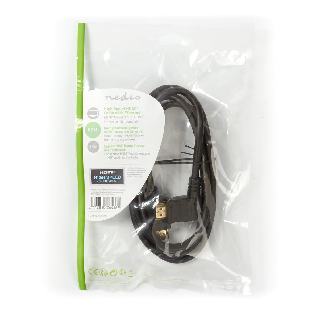 Nagy Sebességű HDMI ™ kábel Ethernet | Jobb Hooked HDMI ™ csatlakozó | HDMI™ Csatlakozó | 4K@30Hz | 10.2 Gbps | 1.50 m | Kerek | PVC | Fekete | Műanyag Zacskó