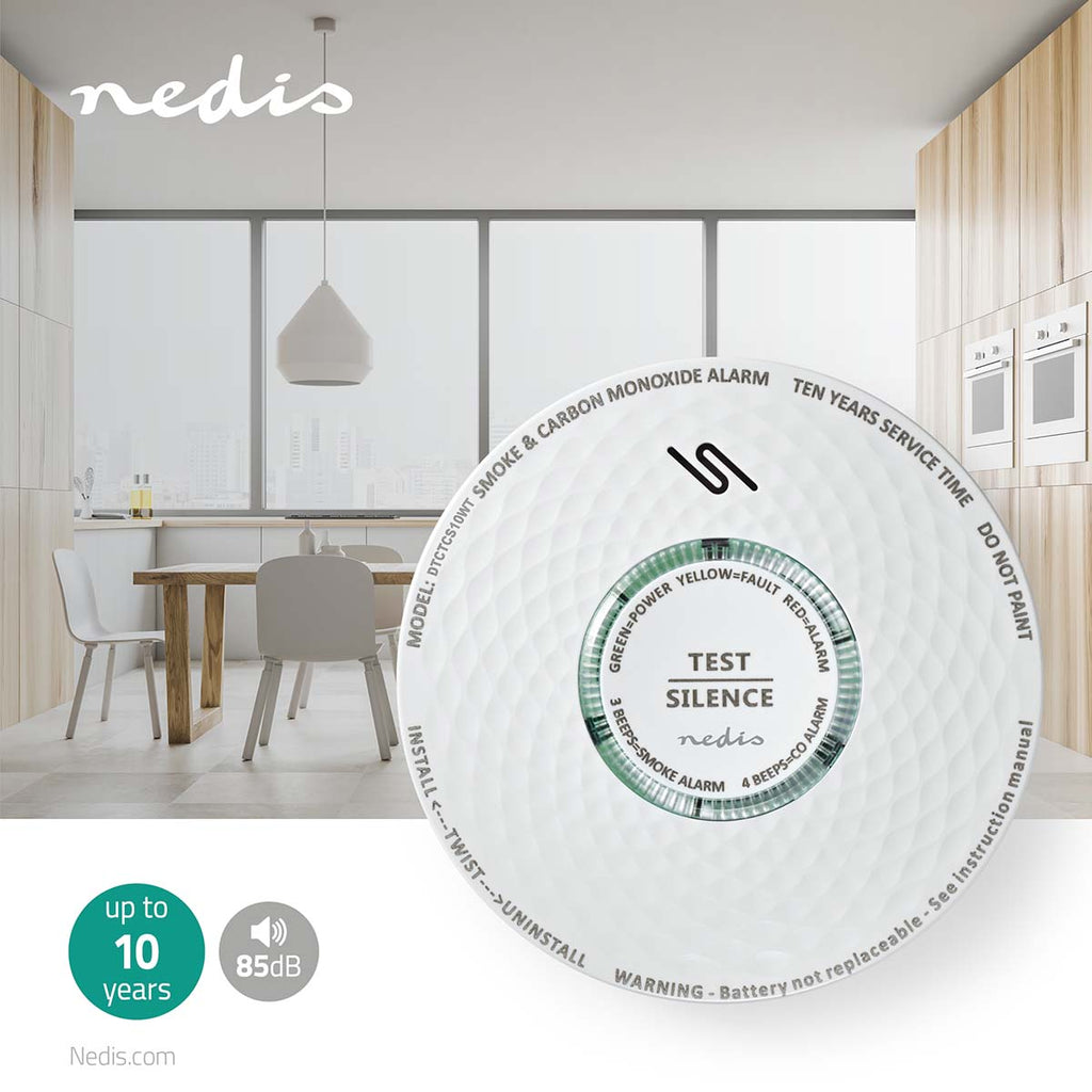 Füst és szén-monoxid riasztó | Elemes Áramellátás | Akkumulátor üzemidő: 10 év | EN 14604 | Teszt gombbal | 85 dB | ABS | Fehér