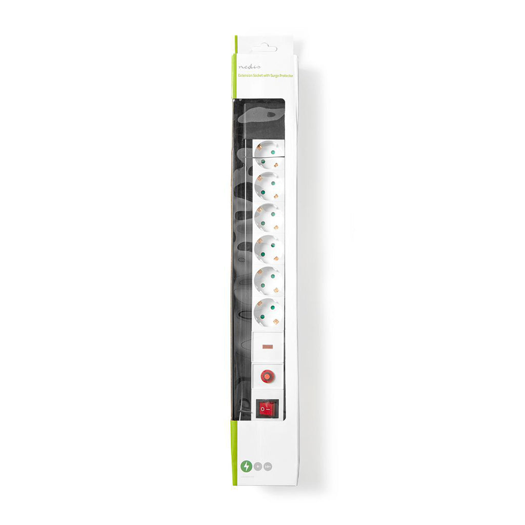 Surge Protected Extension Socket | 6 utas | Schuko / F típus (CEE 7/7) | Túlfeszültség védelem: 13.500 A | 3.00 m | 3500 W | 16 A | Földelés típusa: Schuko | 230 V ~ 50/60 Hz | Aljzat szög: 45 ° | H05VV-F 3G1.5mm² | Integrált kapcsoló | Fekete/Fehér