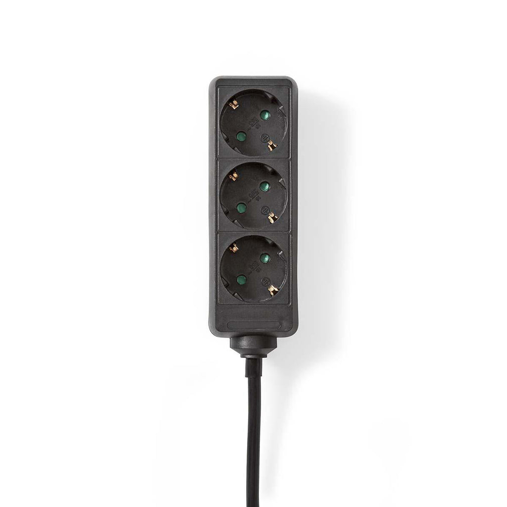 Elosztó | Schuko / F típus (CEE 7/7) | 3 utas | 1.50 m | 3680 W | 16 A | Földelés típusa: Oldal Érzékelő | 230 V ~ 50/60 Hz | Aljzat szög: 45 ° | H05VV-F 3G1.5mm² | Fekete
