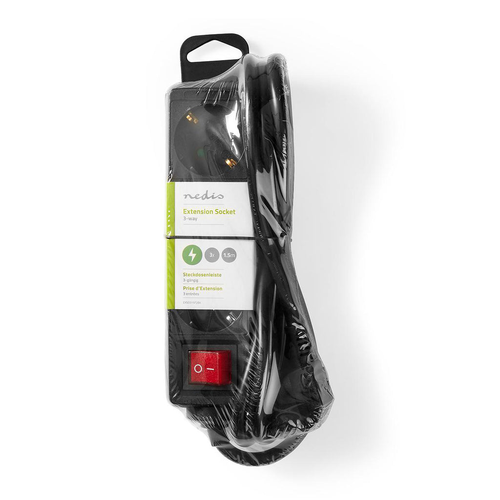 Elosztó | Földelt csatlakozó / F típus (CEE 7/7) | 3 utas | 1.50 m | 3680 W | 16 A | Földelés típusa: Oldal Érzékelő | 230 V AC 50/60 Hz | Aljzat szög: 45 ° | H05VV-F 3G1.5mm² | Integrált kapcsoló | Fekete-2