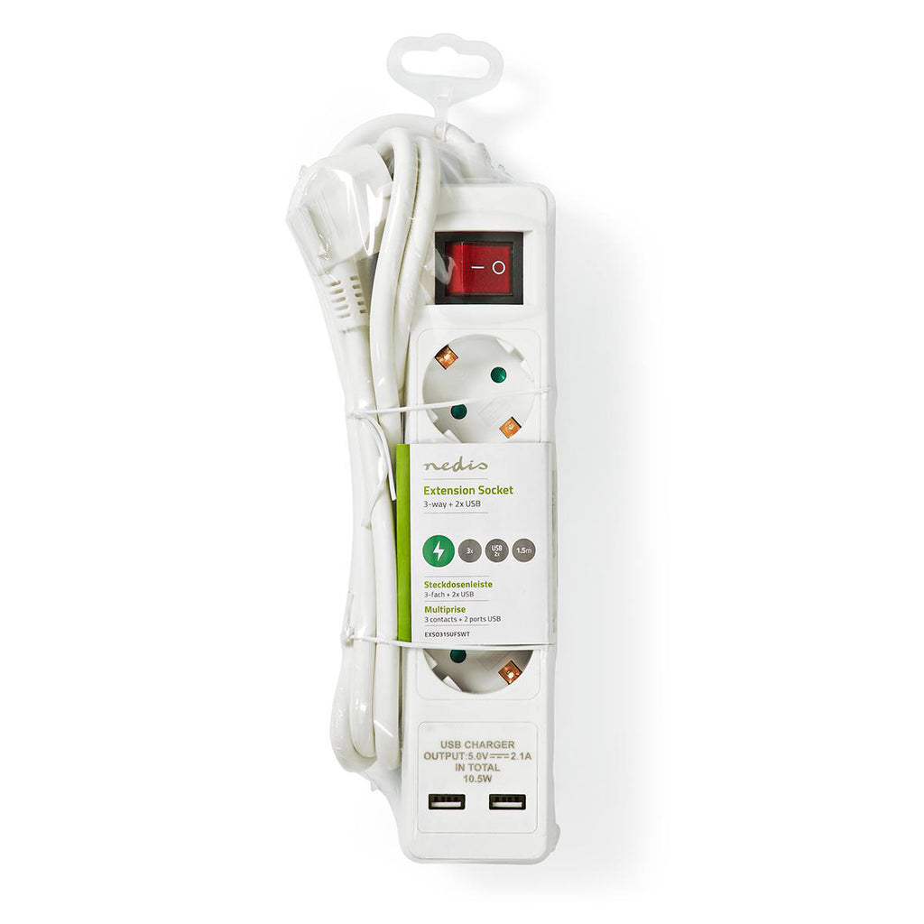 Elosztó | Schuko / F típus (CEE 7/7) | 3 utas | 1.50 m | 3680 W | 16 A | Földelés típusa: Oldal Érzékelő | 230 V ~ 50/60 Hz | Aljzat szög: 45 ° | H05VV-F 3G1.5mm² | Integrált kapcsoló | Fehér