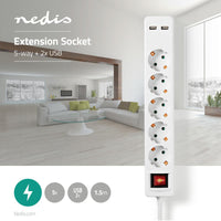 Elosztó | Schuko / F típus (CEE 7/7) | 5 utas | 1.50 m | 3680 W | 16 A | Földelés típusa: Oldal Érzékelő | 230 V ~ 50/60 Hz | Aljzat szög: 45 ° | H05VV-F 3G1.5mm² | Integrált kapcsoló | Fehér