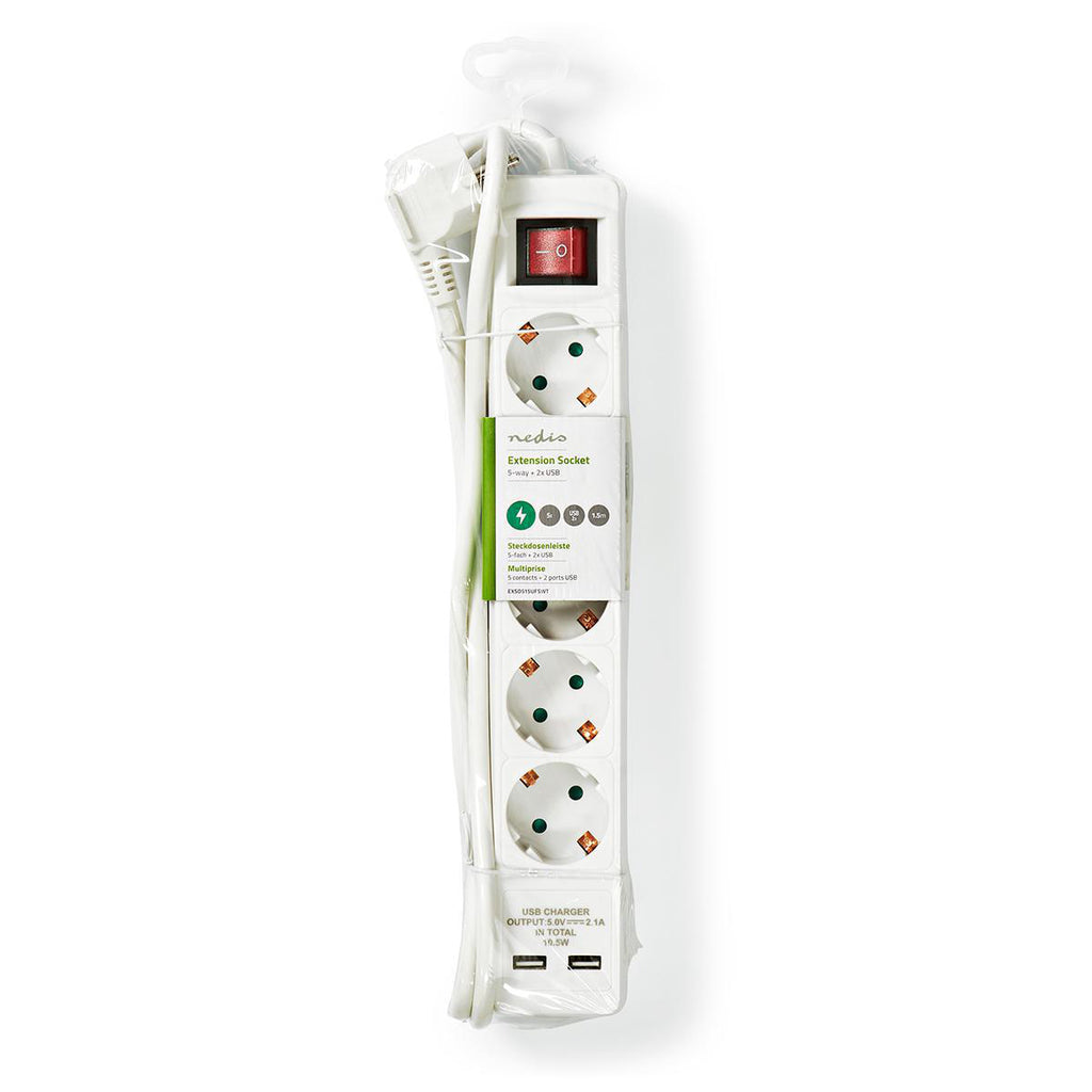 Elosztó | Schuko / F típus (CEE 7/7) | 5 utas | 1.50 m | 3680 W | 16 A | Földelés típusa: Oldal Érzékelő | 230 V ~ 50/60 Hz | Aljzat szög: 45 ° | H05VV-F 3G1.5mm² | Integrált kapcsoló | Fehér