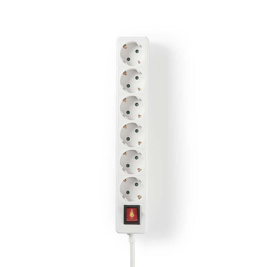Elosztó | Schuko / F típus (CEE 7/7) | 6 utas | 1.50 m | 3680 W | 16 A | Földelés típusa: Oldal Érzékelő | 230 V ~ 50/60 Hz | Aljzat szög: 45 ° | H05VV-F 3G1.5mm² | Integrált kapcsoló | Fehér