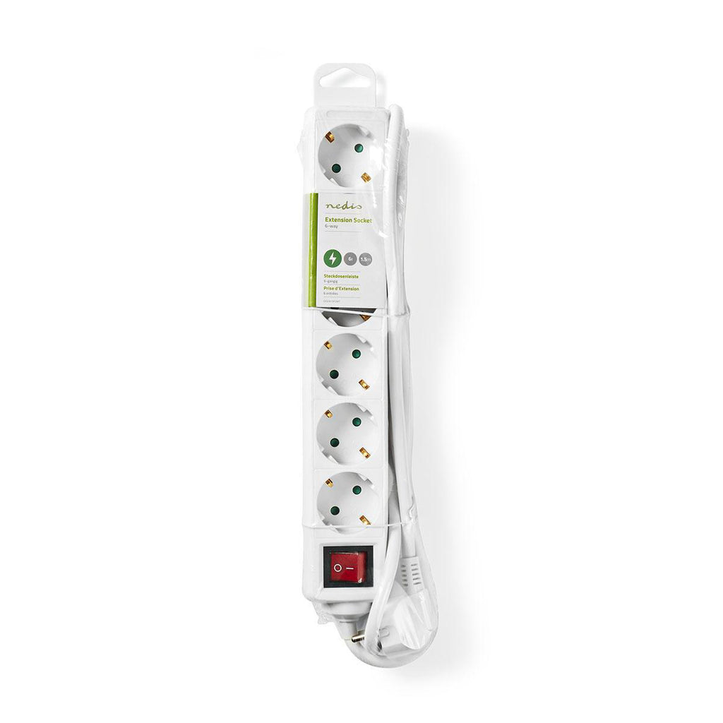 Elosztó | Schuko / F típus (CEE 7/7) | 6 utas | 1.50 m | 3680 W | 16 A | Földelés típusa: Oldal Érzékelő | 230 V ~ 50/60 Hz | Aljzat szög: 45 ° | H05VV-F 3G1.5mm² | Integrált kapcsoló | Fehér