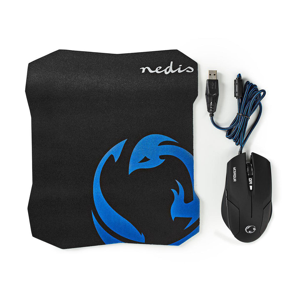 Gaming Mouse & Mouse Pad Set | 130 mm | 244 mm | Vezetékes | DPI_ 800 / 1200 / 1600 dpi | Állítható DPI | Gombok száma: 6 | Jobbkezes | 1.50 m | Normál Lighting
