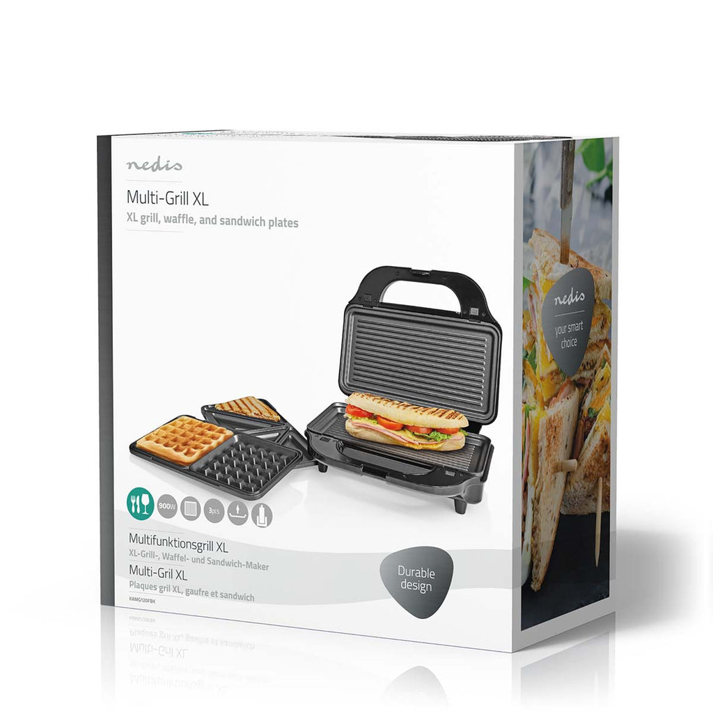 Több grillező | Grill / Sandwich / Waffle | 900 W | 28 x 15 cm | Automatikus hőmérséklet-szabályozással | Műanyag / Rozsdamentes Acél