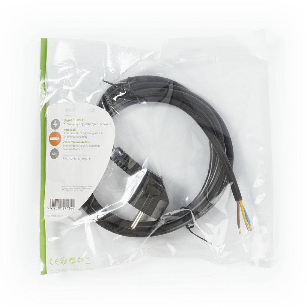 Tápkábel | Schuko Derékszögű Dugasz - Nyílt Kábelvég | 2,0 m | Fekete