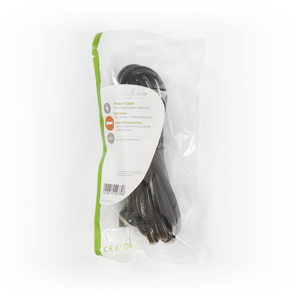 Tápkábel | Euro Férfi | Open | Egyenes | Egyenes | Nikkelezett | 3.00 m | Lapos | PVC | Fekete | Boríték