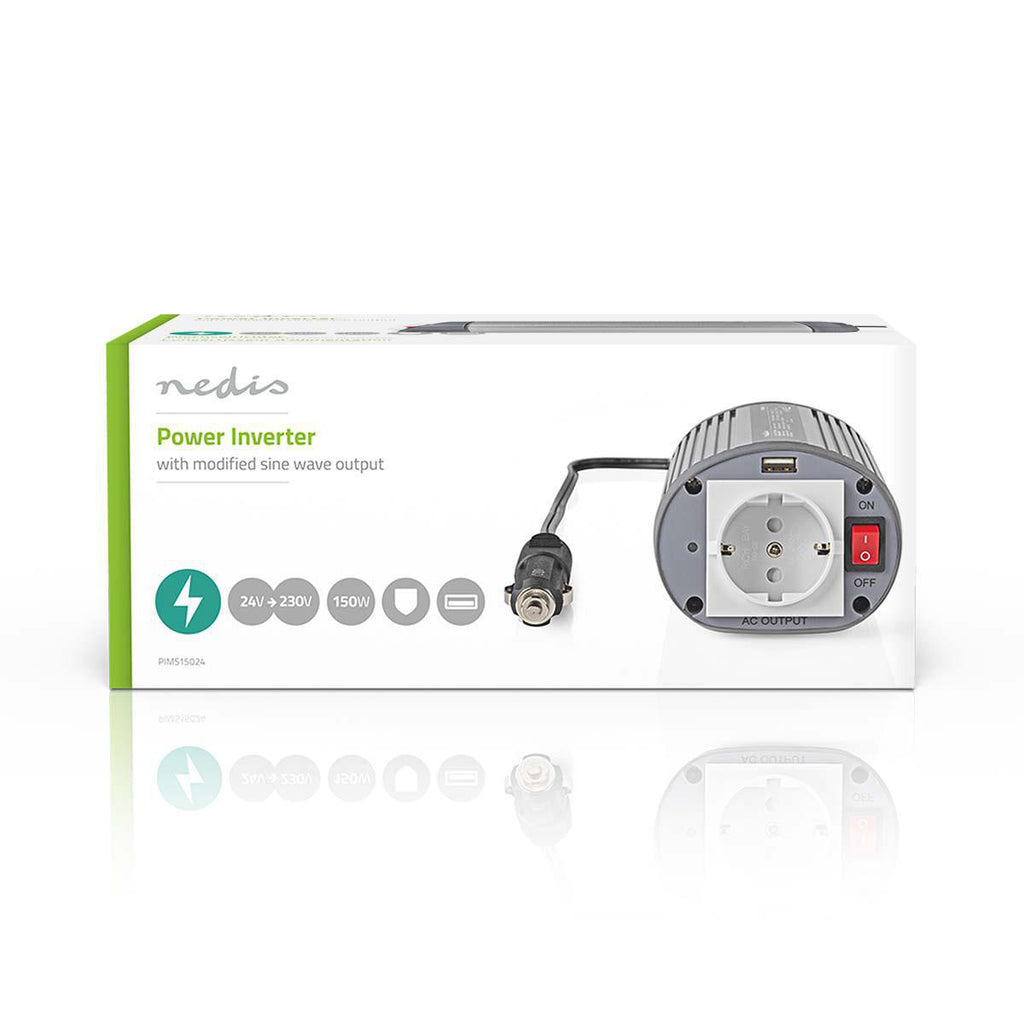 Inverter módosított szinuszhullám | Bemeneti feszültség: 24 VDC | Eszköz táp kimeneti csatlaakozó(k): 1 | 230 V ~ 50 Hz | 150 W | Kimenő csúcs teljesítmény: 300 W | Aljzat típusa: F (CEE 7/3) / USB | Szivargyújtó Csatlakozó | Módosított Szinusz Hullám | B