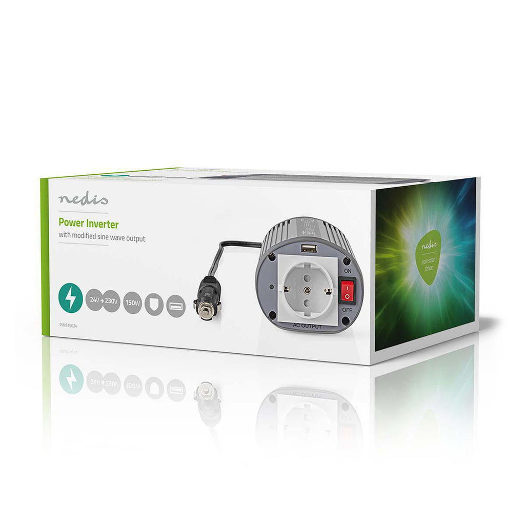 Inverter módosított szinuszhullám | Bemeneti feszültség: 24 VDC | Eszköz táp kimeneti csatlaakozó(k): 1 | 230 V ~ 50 Hz | 150 W | Kimenő csúcs teljesítmény: 300 W | Aljzat típusa: F (CEE 7/3) / USB | Szivargyújtó Csatlakozó | Módosított Szinusz Hullám | B