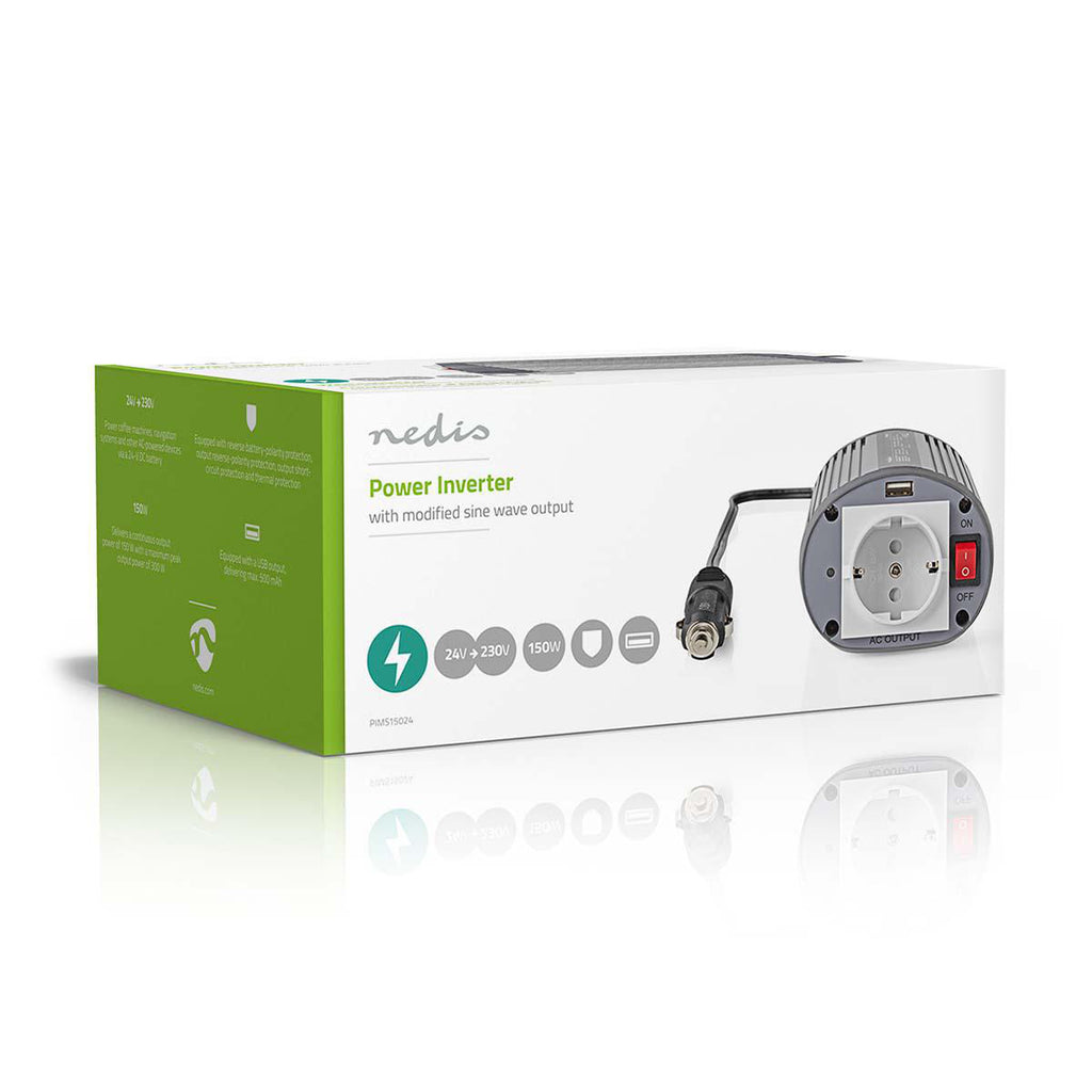 Inverter módosított szinuszhullám | Bemeneti feszültség: 24 VDC | Eszköz táp kimeneti csatlaakozó(k): 1 | 230 V ~ 50 Hz | 150 W | Kimenő csúcs teljesítmény: 300 W | Aljzat típusa: F (CEE 7/3) / USB | Szivargyújtó Csatlakozó | Módosított Szinusz Hullám | B