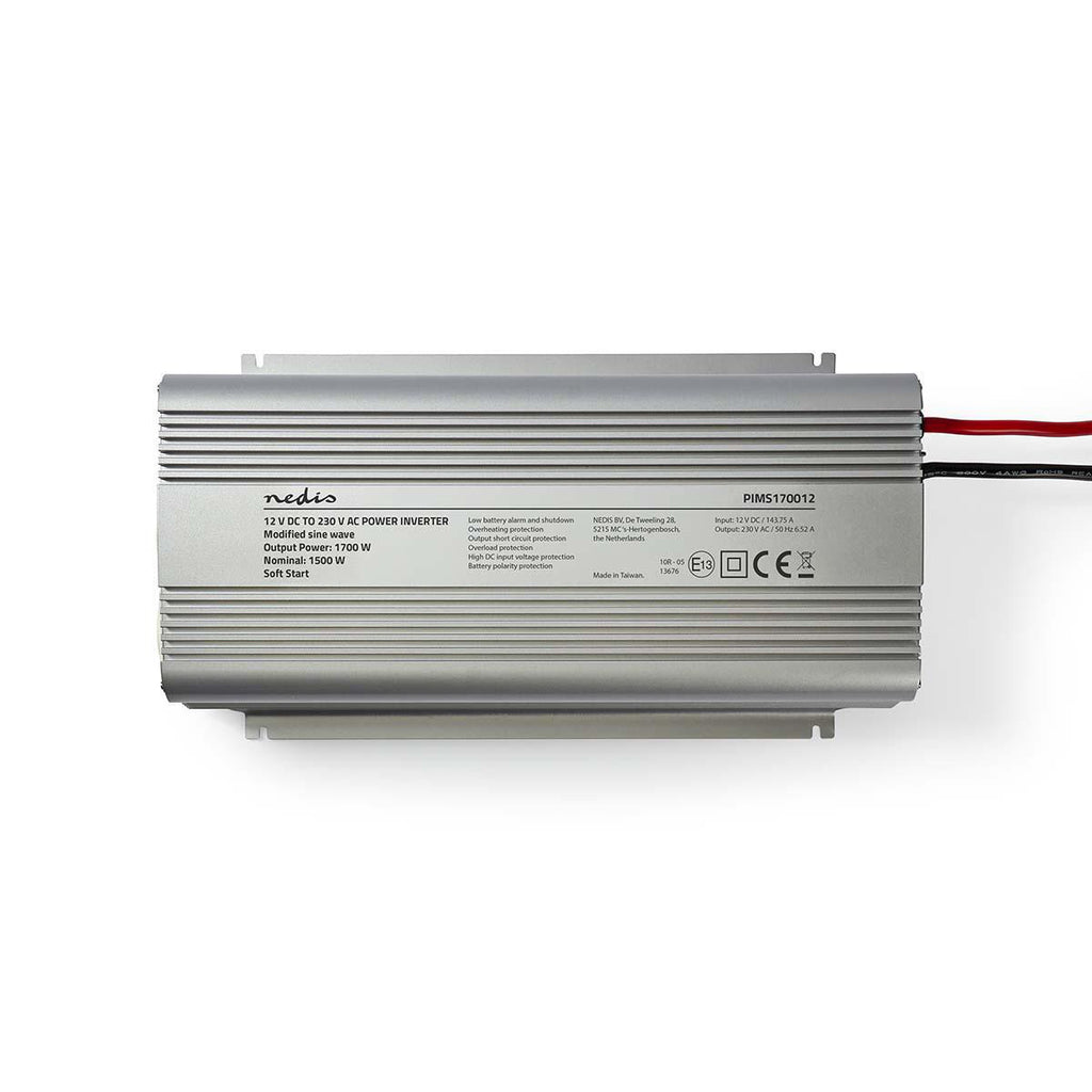 Inverter módosított szinuszhullám | Bemeneti feszültség: 12 VDC | Eszköz táp kimeneti csatlaakozó(k): 2 | 230 V ~ 50 Hz | 1700 W | Kimenő csúcs teljesítmény: 3000 W | Aljzat típusa: F (CEE 7/3) | Csavaros Kapocs | Módosított Szinusz Hullám | Biztosíték |