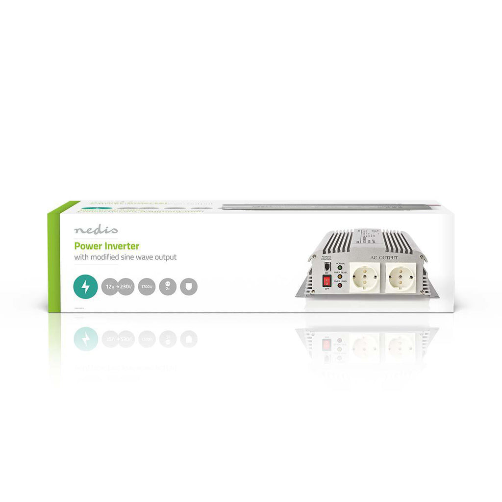 Inverter módosított szinuszhullám | Bemeneti feszültség: 12 VDC | Eszköz táp kimeneti csatlaakozó(k): 2 | 230 V ~ 50 Hz | 1700 W | Kimenő csúcs teljesítmény: 3000 W | Aljzat típusa: F (CEE 7/3) | Csavaros Kapocs | Módosított Szinusz Hullám | Biztosíték |