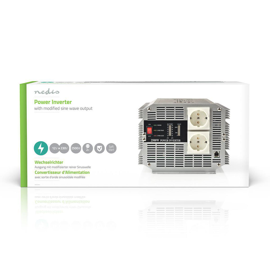 Inverter módosított szinuszhullám | Bemeneti feszültség: 12 VDC | Eszköz táp kimeneti csatlaakozó(k): 2 | 230 V ~ 50 Hz | 2500 W | Kimenő csúcs teljesítmény: 5000 W | Aljzat típusa: F (CEE 7/3) | Csavaros Kapocs | Módosított Szinusz Hullám | Biztosíték |