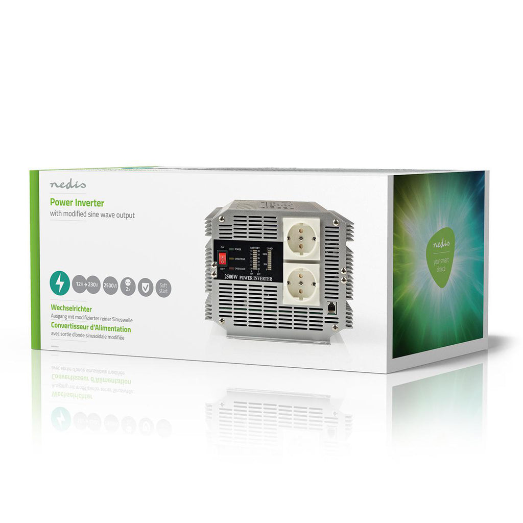 Inverter módosított szinuszhullám | Bemeneti feszültség: 12 VDC | Eszköz táp kimeneti csatlaakozó(k): 2 | 230 V ~ 50 Hz | 2500 W | Kimenő csúcs teljesítmény: 5000 W | Aljzat típusa: F (CEE 7/3) | Csavaros Kapocs | Módosított Szinusz Hullám | Biztosíték |