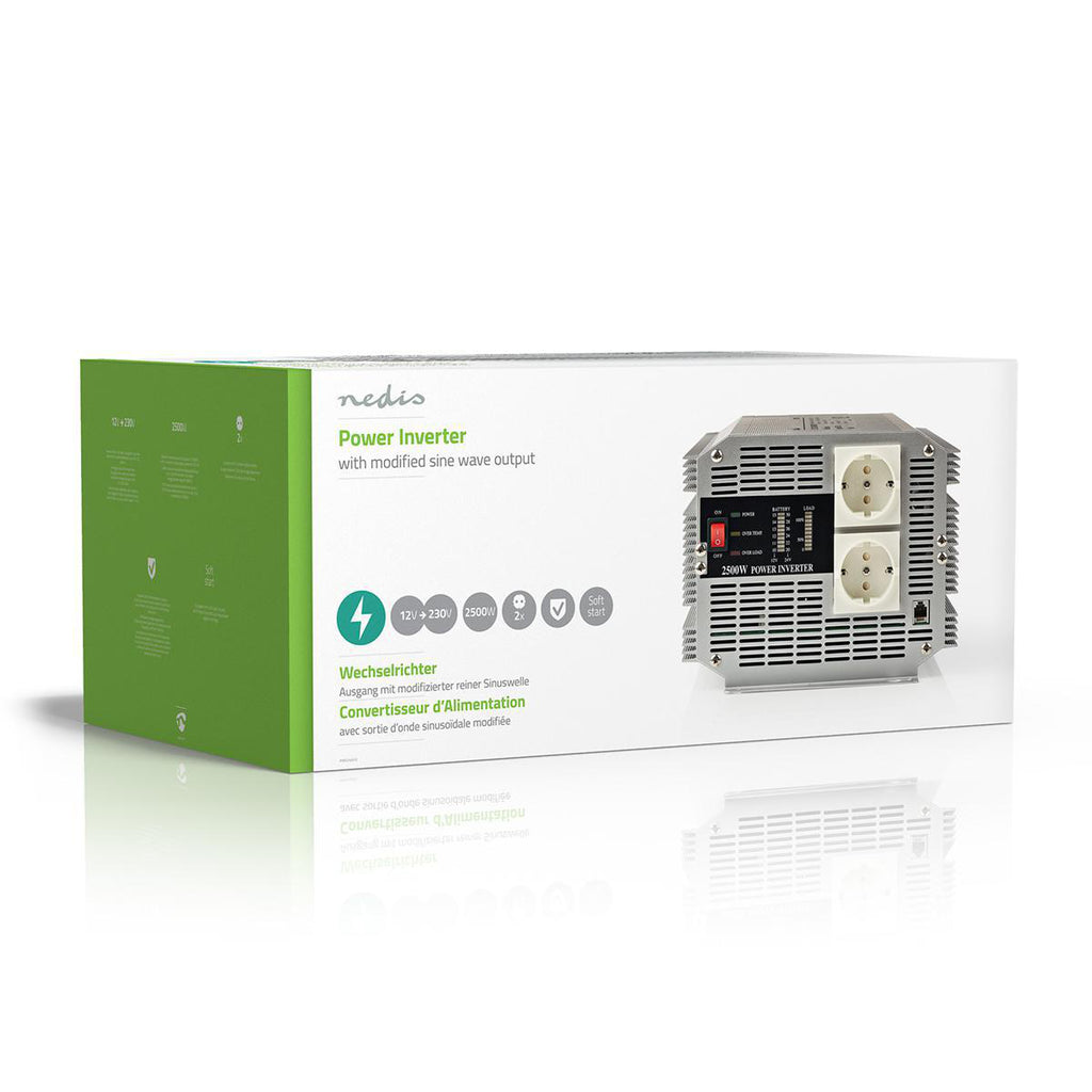 Inverter módosított szinuszhullám | Bemeneti feszültség: 12 VDC | Eszköz táp kimeneti csatlaakozó(k): 2 | 230 V ~ 50 Hz | 2500 W | Kimenő csúcs teljesítmény: 5000 W | Aljzat típusa: F (CEE 7/3) | Csavaros Kapocs | Módosított Szinusz Hullám | Biztosíték |