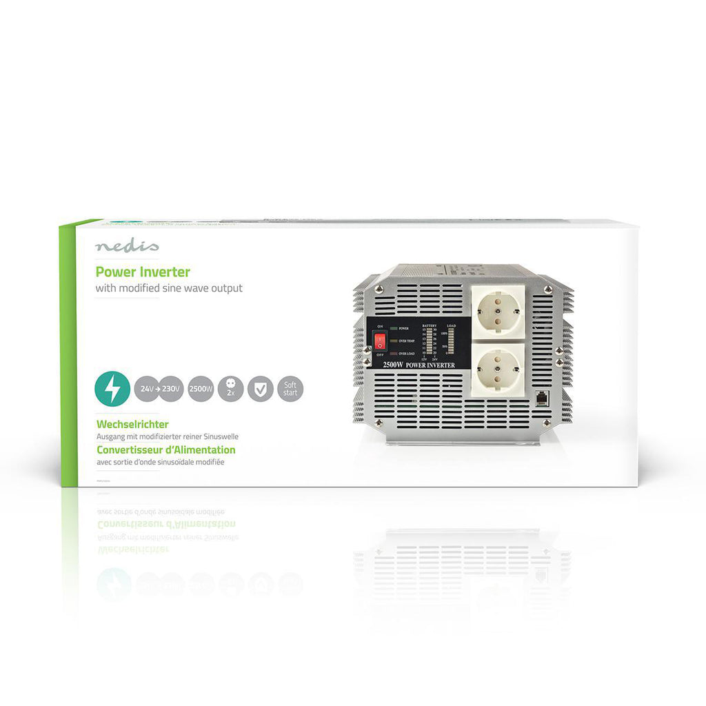 Inverter módosított szinuszhullám | Bemeneti feszültség: 24 V DC | Eszköz táp kimeneti csatlaakozó(k): 2 | 230 V AC 50 Hz | 2500 W | Kimenő csúcs teljesítmény: 5000 W | Aljzat típusa: F (CEE 7/3) | Csavaros Kapocs | Ezüst