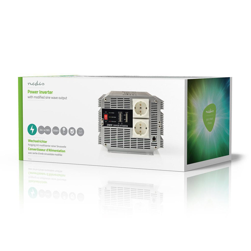 Inverter módosított szinuszhullám | Bemeneti feszültség: 24 V DC | Eszköz táp kimeneti csatlaakozó(k): 2 | 230 V AC 50 Hz | 2500 W | Kimenő csúcs teljesítmény: 5000 W | Aljzat típusa: F (CEE 7/3) | Csavaros Kapocs | Ezüst