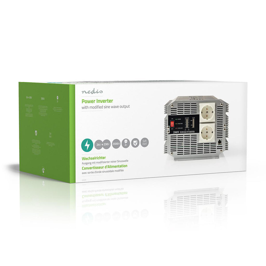 Inverter módosított szinuszhullám | Bemeneti feszültség: 24 V DC | Eszköz táp kimeneti csatlaakozó(k): 2 | 230 V AC 50 Hz | 2500 W | Kimenő csúcs teljesítmény: 5000 W | Aljzat típusa: F (CEE 7/3) | Csavaros Kapocs | Ezüst