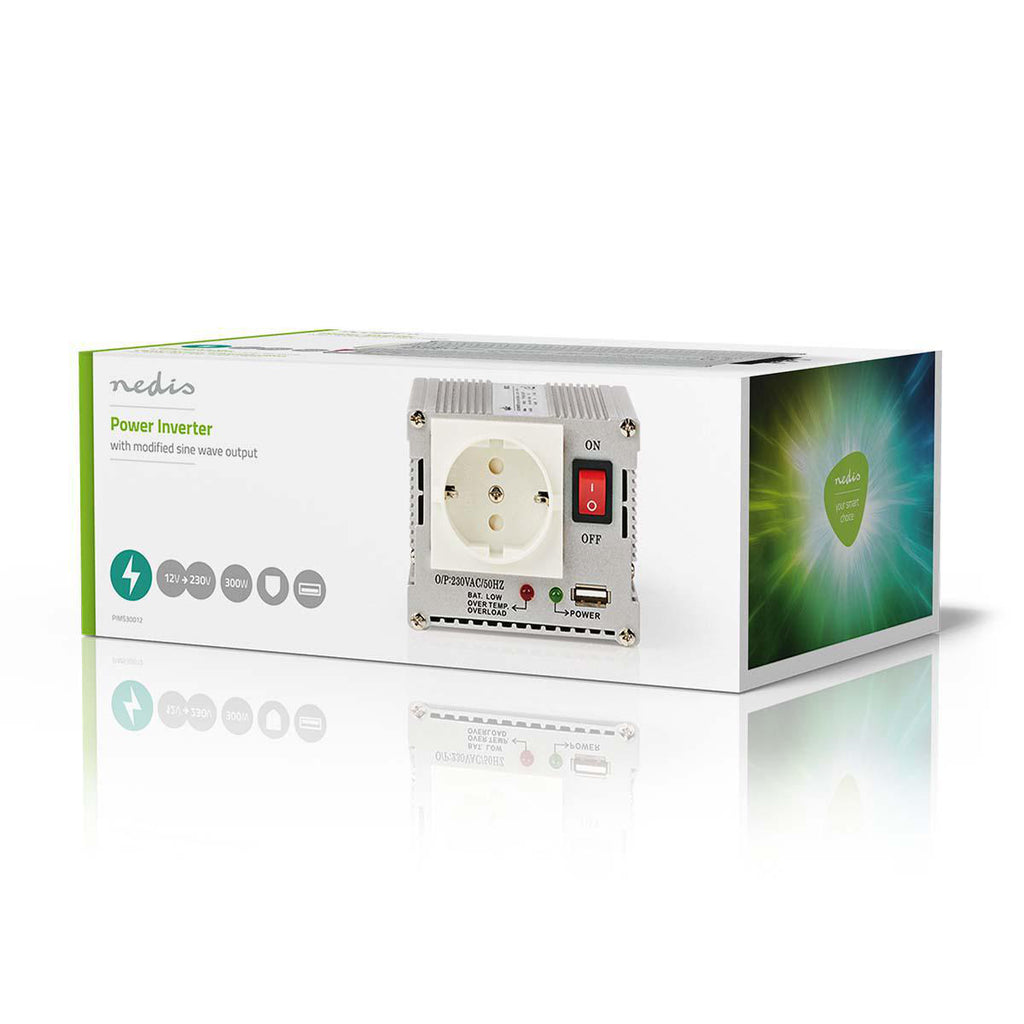 Inverter módosított szinuszhullám | Bemeneti feszültség: 12 VDC | Eszköz táp kimeneti csatlaakozó(k): 1 | 230 V ~ 50 Hz | 300 W | Kimenő csúcs teljesítmény: 600 W | Aljzat típusa: F (CEE 7/3) / USB | Akkumulátorsaruk + Szivargyújtó | Módosított Szinusz Hu