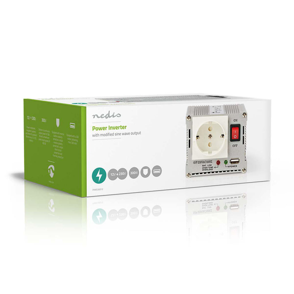 Inverter módosított szinuszhullám | Bemeneti feszültség: 12 VDC | Eszköz táp kimeneti csatlaakozó(k): 1 | 230 V ~ 50 Hz | 300 W | Kimenő csúcs teljesítmény: 600 W | Aljzat típusa: F (CEE 7/3) / USB | Akkumulátorsaruk + Szivargyújtó | Módosított Szinusz Hu