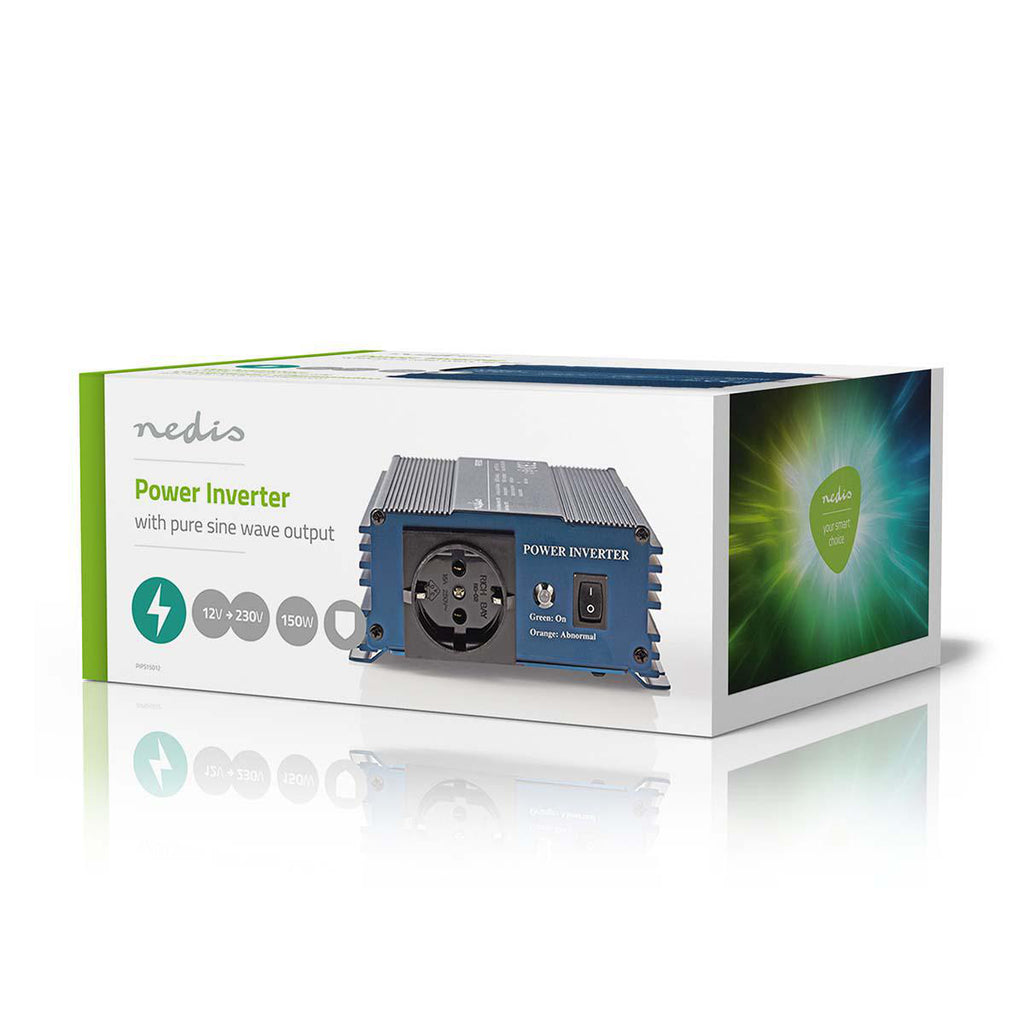 Inverter tiszta szinuszos | Bemeneti feszültség: 12 V DC | Eszköz táp kimeneti csatlaakozó(k): 1 | 230 V AC 50 Hz | 150 W | Kimenő csúcs teljesítmény: 300 W | Aljzat típusa: F (CEE 7/3) | Szivargyújtó Csatlakozó | Tiszta Szinusz Hullám | Biztosíték | Kék