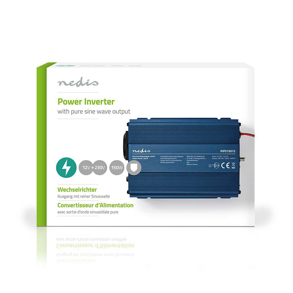 Inverter tiszta szinuszos | Bemeneti feszültség: 12 V DC | Eszköz táp kimeneti csatlaakozó(k): 1 | 230 V AC 50 Hz | 150 W | Kimenő csúcs teljesítmény: 300 W | Aljzat típusa: F (CEE 7/3) | Szivargyújtó Csatlakozó | Tiszta Szinusz Hullám | Biztosíték | Kék