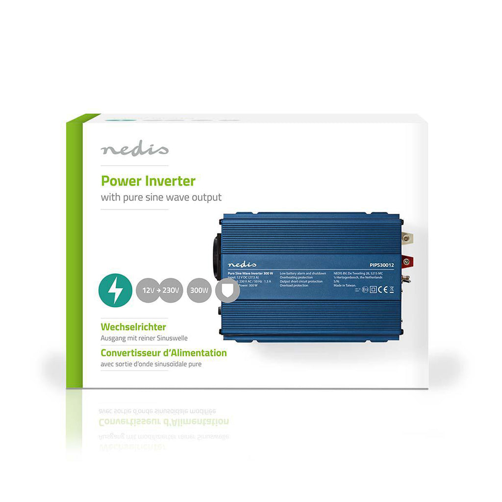 Inverter tiszta szinuszos | Bemeneti feszültség: 12 V DC | Eszköz táp kimeneti csatlaakozó(k): 1 | 230 V AC 50 Hz | 300 W | Kimenő csúcs teljesítmény: 500 W | Aljzat típusa: F (CEE 7/3) | Csavaros Kapocs | Tiszta Szinusz Hullám | Biztosíték | Kék