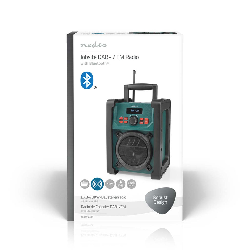 DAB+ Rádió | Munkahelyi Rádió | DAB+ / FM | 2.2 " | Fekete Fehér Képernyő | Elemes Áramellátás / Hálózati Áramellátás | Digitális | 15 W | Bluetooth | Ébresztő óra | IP65 | Hordozó fogantyú | Fekete / Zöld