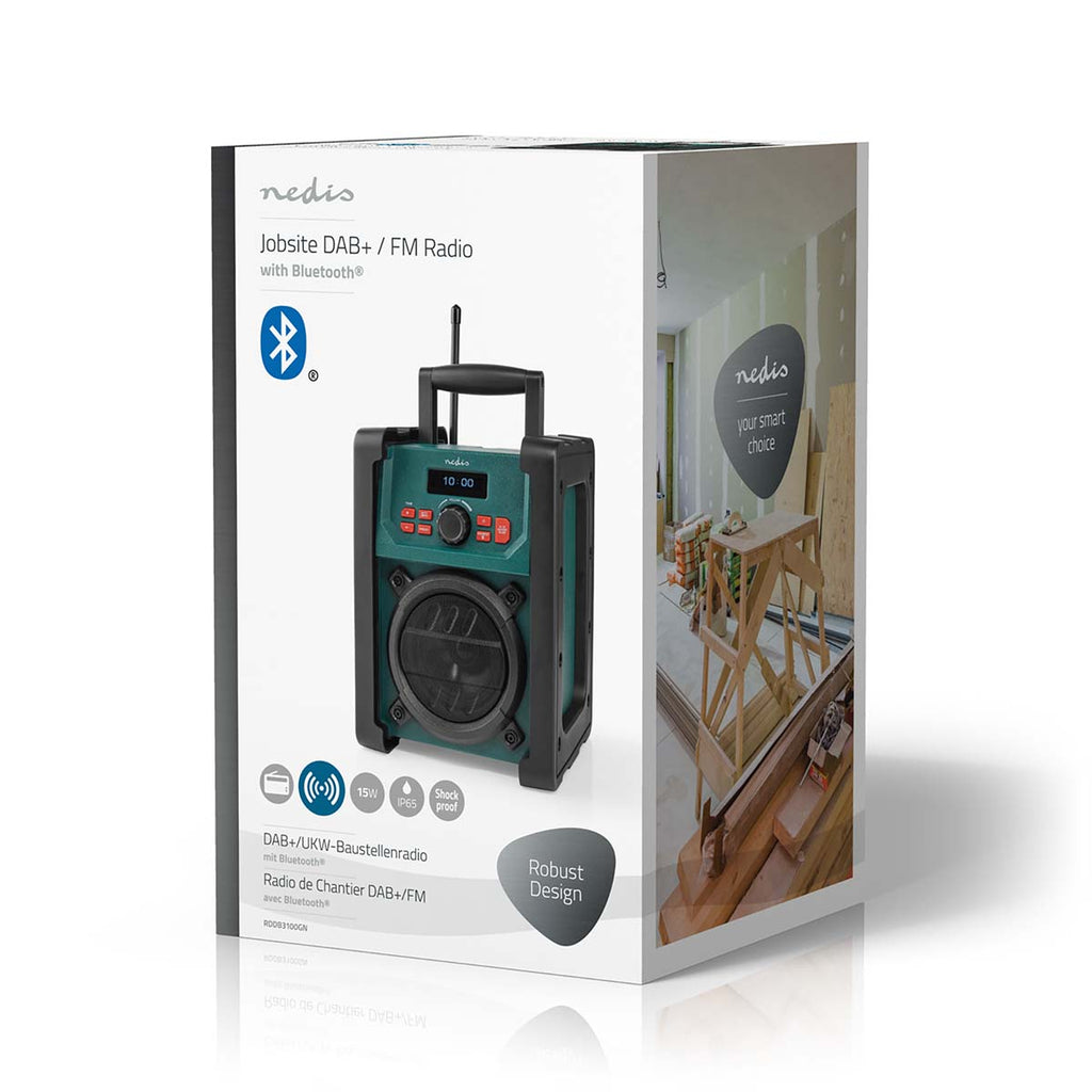 DAB+ Rádió | Munkahelyi Rádió | DAB+ / FM | 2.2 " | Fekete Fehér Képernyő | Elemes Áramellátás / Hálózati Áramellátás | Digitális | 15 W | Bluetooth | Ébresztő óra | IP65 | Hordozó fogantyú | Fekete / Zöld