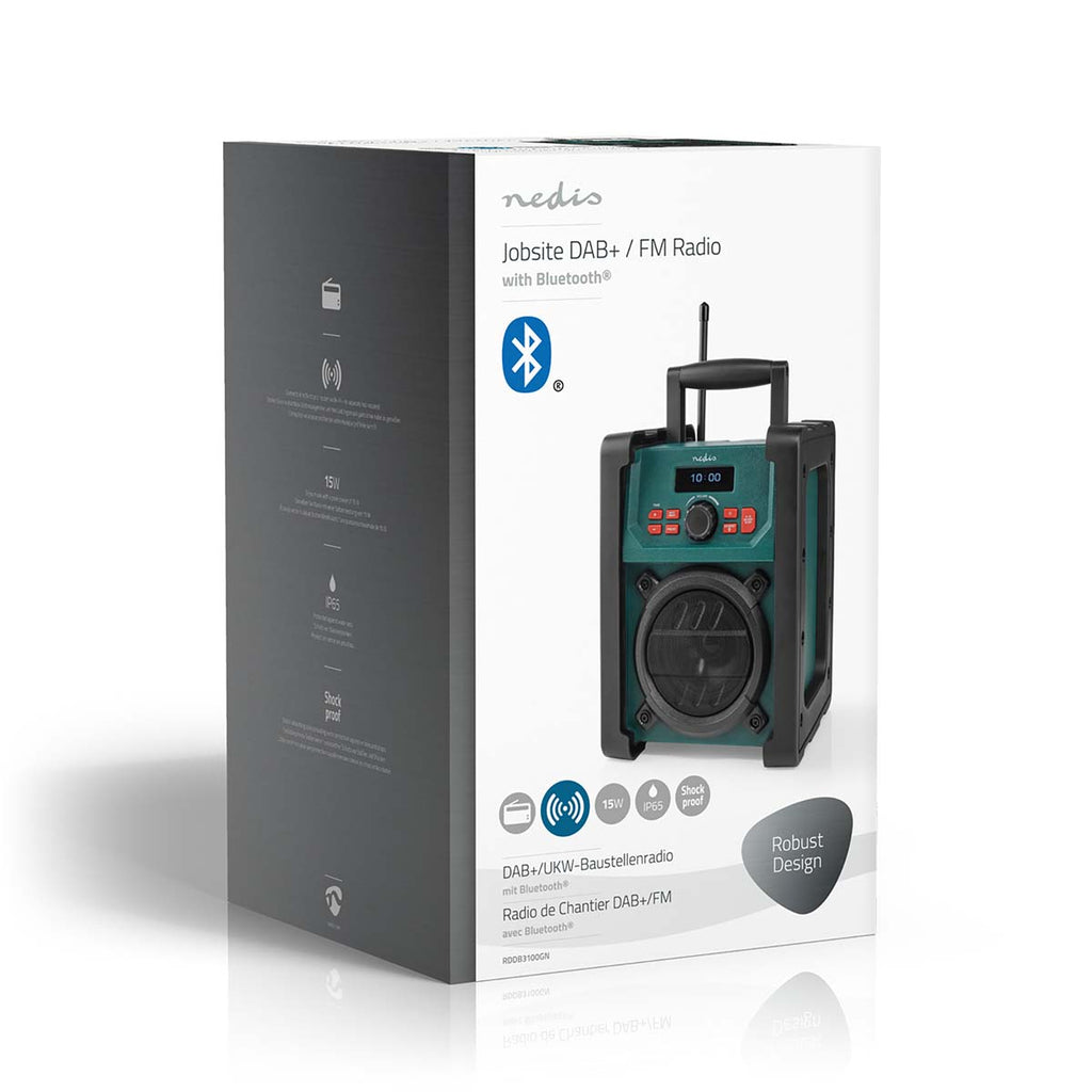 DAB+ Rádió | Munkahelyi Rádió | DAB+ / FM | 2.2 " | Fekete Fehér Képernyő | Elemes Áramellátás / Hálózati Áramellátás | Digitális | 15 W | Bluetooth | Ébresztő óra | IP65 | Hordozó fogantyú | Fekete / Zöld