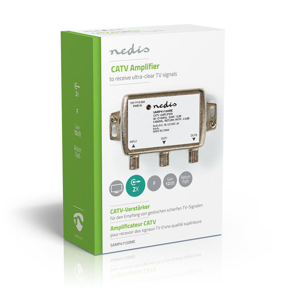 CATV erősítő | Nyereség: 12 dB | 85 - 1218 MHz | Kimenő csatlakozók száma: 2 | Visszatérési út | Ezüst-8
