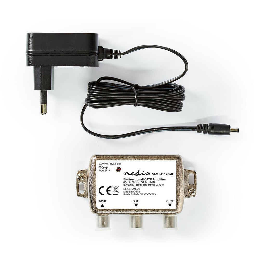 CATV erősítő | Nyereség: 12 dB | 85 - 1218 MHz | Kimenő csatlakozók száma: 2 | Visszatérési út | Ezüst-9