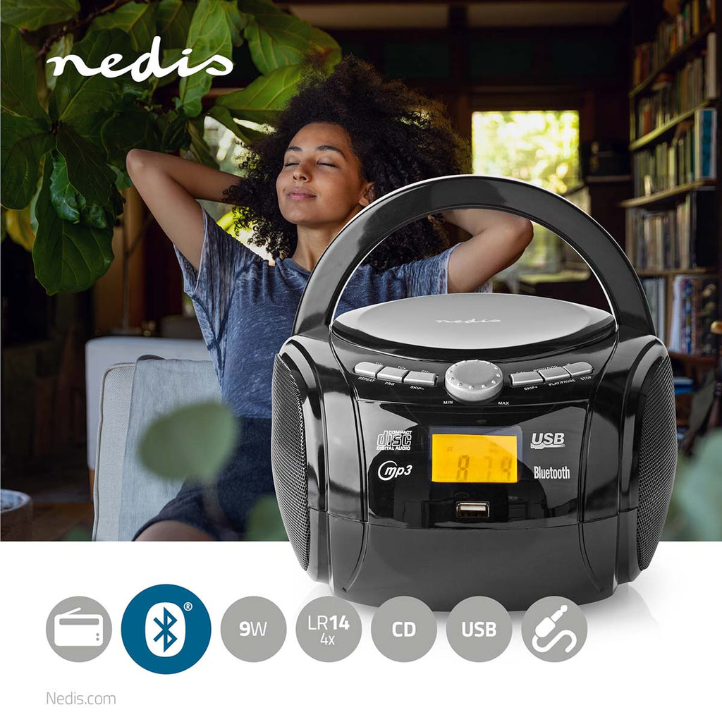 CD-lejátszó Boombox | Elemes Áramellátás / Hálózati Áramellátás | Stereo | 9 W | Bluetooth® | FM | USB lejátszás | Hordozó fogantyú | Fekete-1