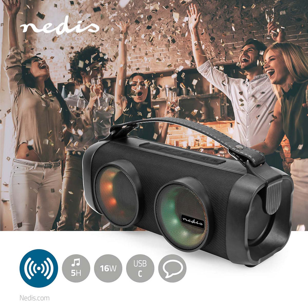 Bluetooth® Party Boombox | 5 hrs | 2.0 | 24 W | Media lejátszás: AUX / USB | Összekapcsolható | Hordozó fogantyú | Party fények | Fekete