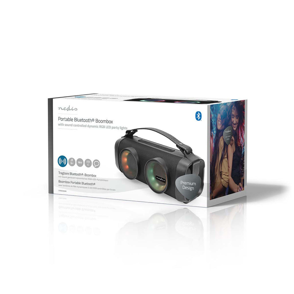 Bluetooth® Party Boombox | 5 hrs | 2.0 | 24 W | Media lejátszás: AUX / USB | Összekapcsolható | Hordozó fogantyú | Party fények | Fekete