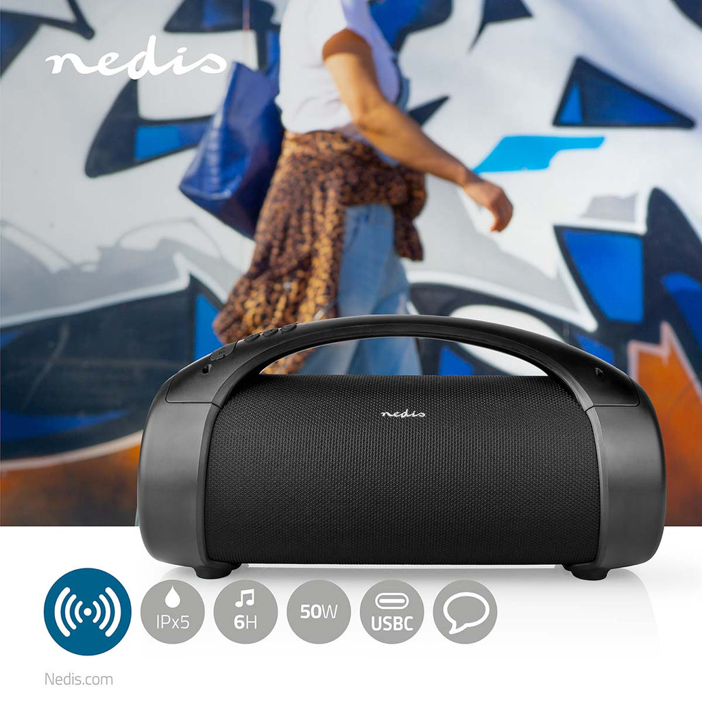 Bluetooth® Party Boombox | 6 hrs | 2.0 | 50 W | Media lejátszás: AUX / USB | IPX5 | Összekapcsolható | Hordozó fogantyú | Party fények | Fekete