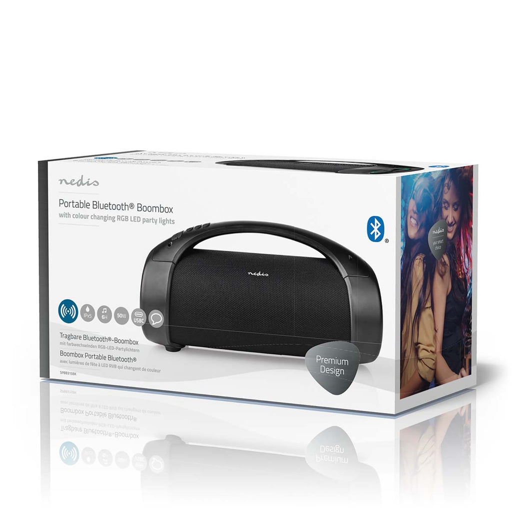 Bluetooth® Party Boombox | 6 hrs | 2.0 | 50 W | Media lejátszás: AUX / USB | IPX5 | Összekapcsolható | Hordozó fogantyú | Party fények | Fekete