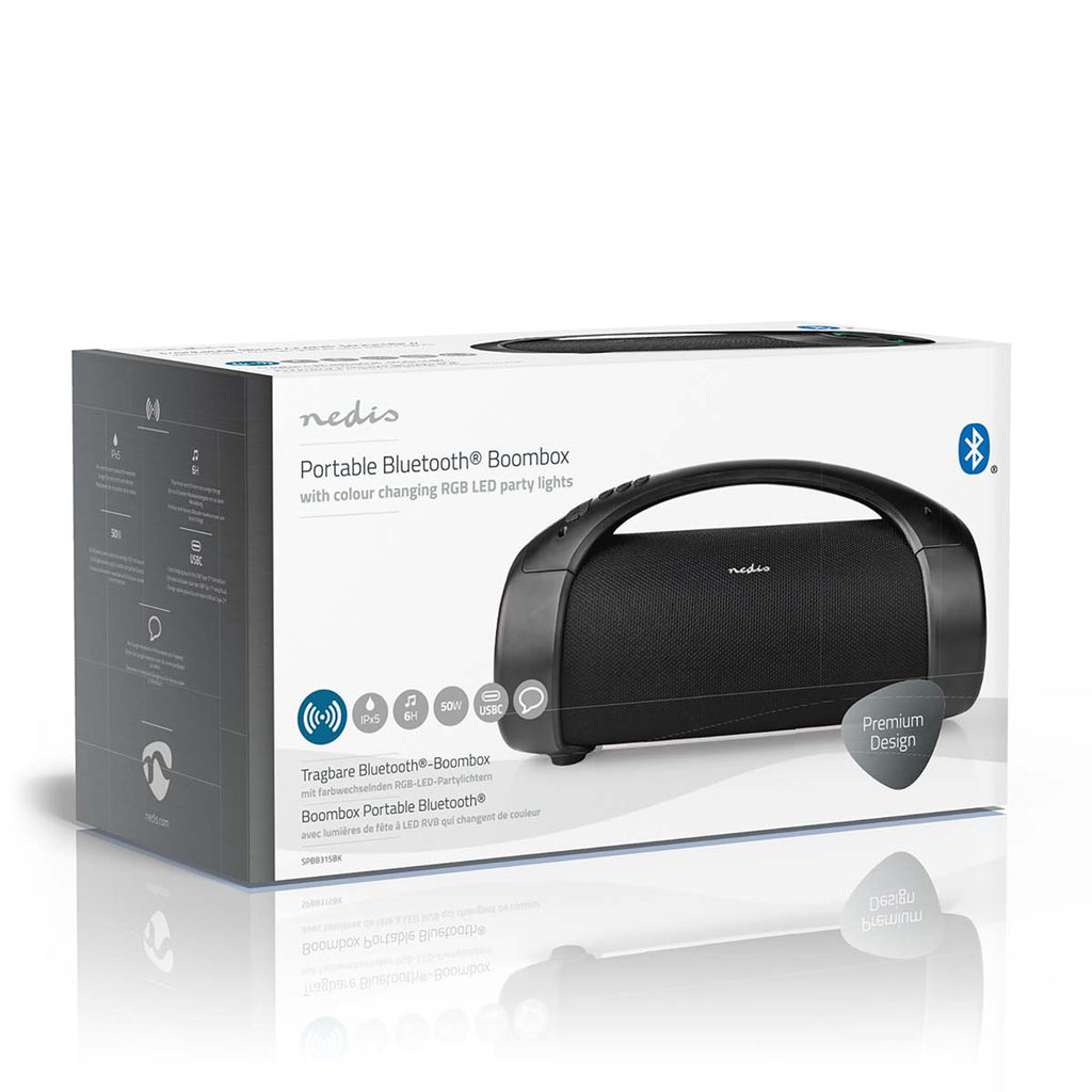 Bluetooth® Party Boombox | 6 hrs | 2.0 | 50 W | Media lejátszás: AUX / USB | IPX5 | Összekapcsolható | Hordozó fogantyú | Party fények | Fekete