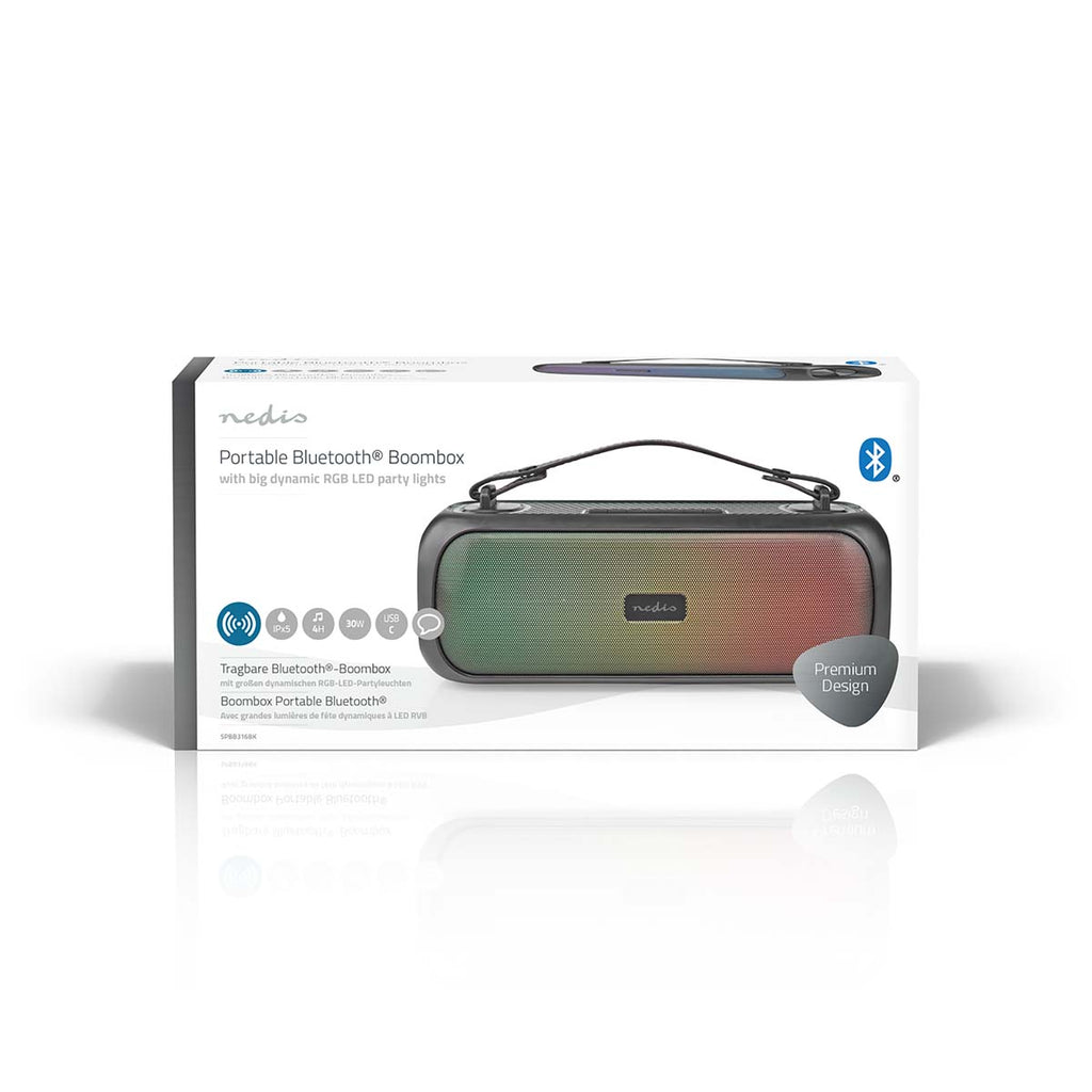 Bluetooth® Party Boombox | 4.5 hrs | 2.0 | 30 W | Media lejátszás: AUX / USB | IPX5 | Összekapcsolható | Hordozó fogantyú | Party fények | Fekete