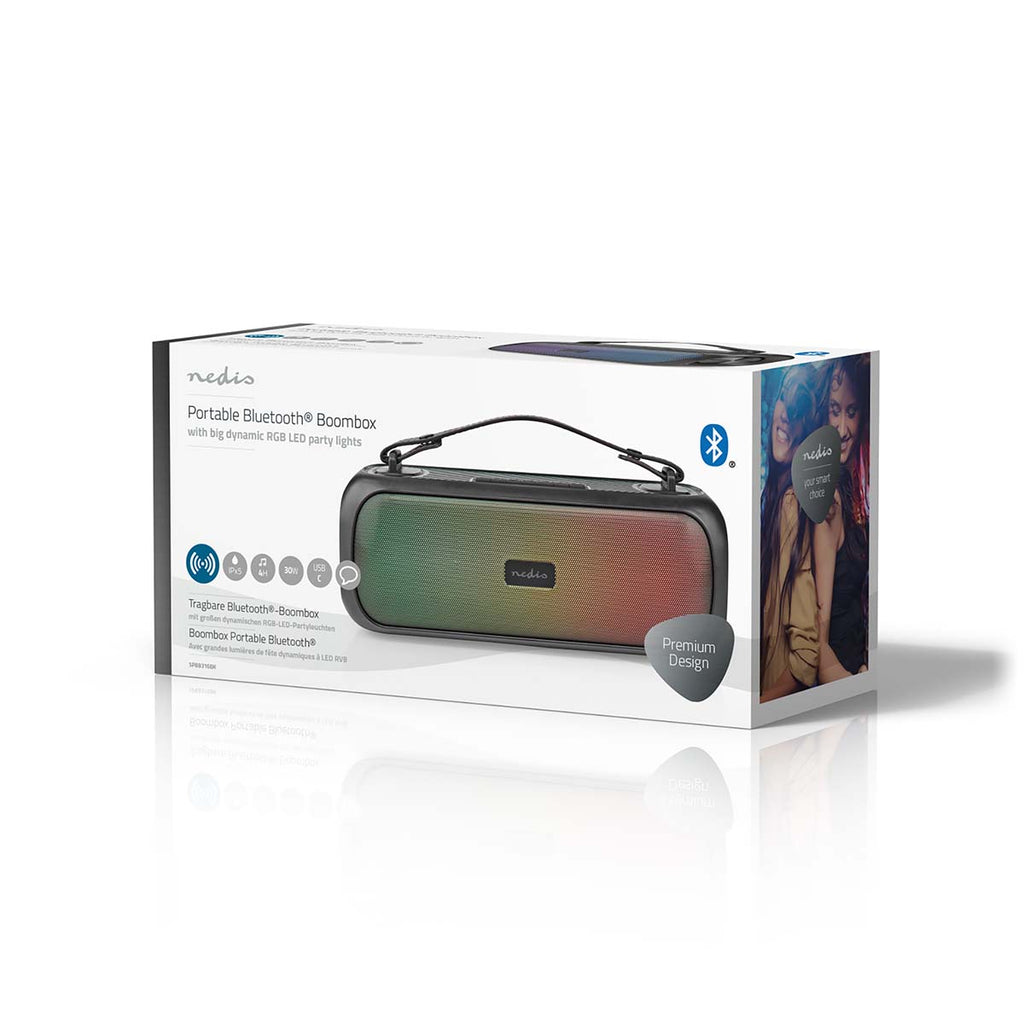 Bluetooth® Party Boombox | 4.5 hrs | 2.0 | 30 W | Media lejátszás: AUX / USB | IPX5 | Összekapcsolható | Hordozó fogantyú | Party fények | Fekete
