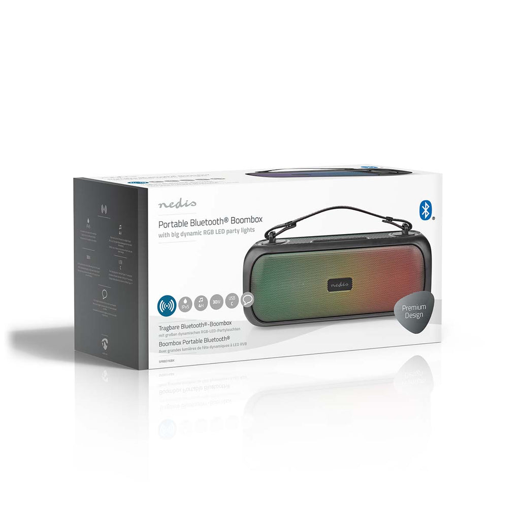 Bluetooth® Party Boombox | 4.5 hrs | 2.0 | 30 W | Media lejátszás: AUX / USB | IPX5 | Összekapcsolható | Hordozó fogantyú | Party fények | Fekete