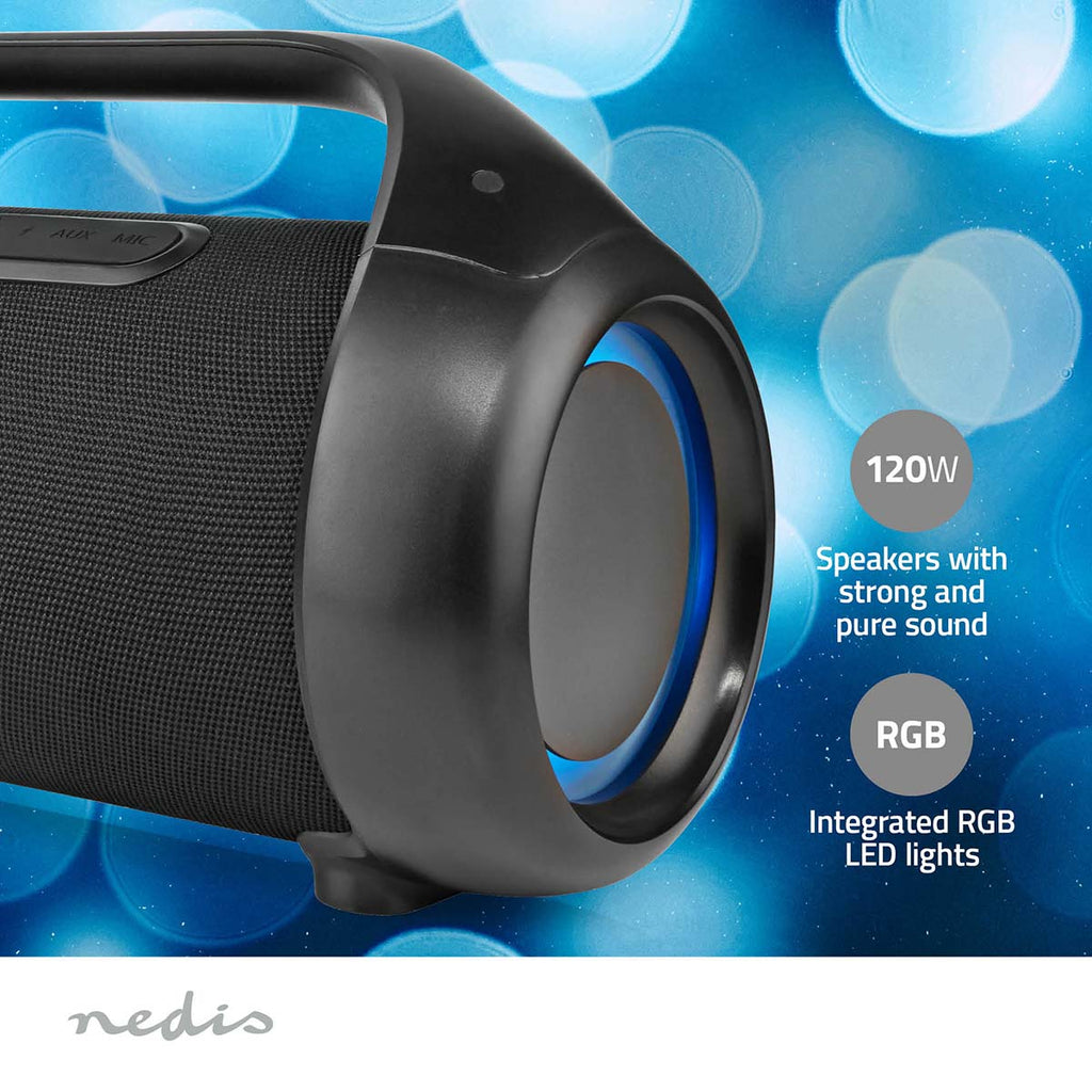Bluetooth® Party Boombox | 9.5 óra | 2.1 | 120 W | Media lejátszás: AUX | IPX5 | Összekapcsolható | Hordozó fogantyú | Party fények | Fekete-10