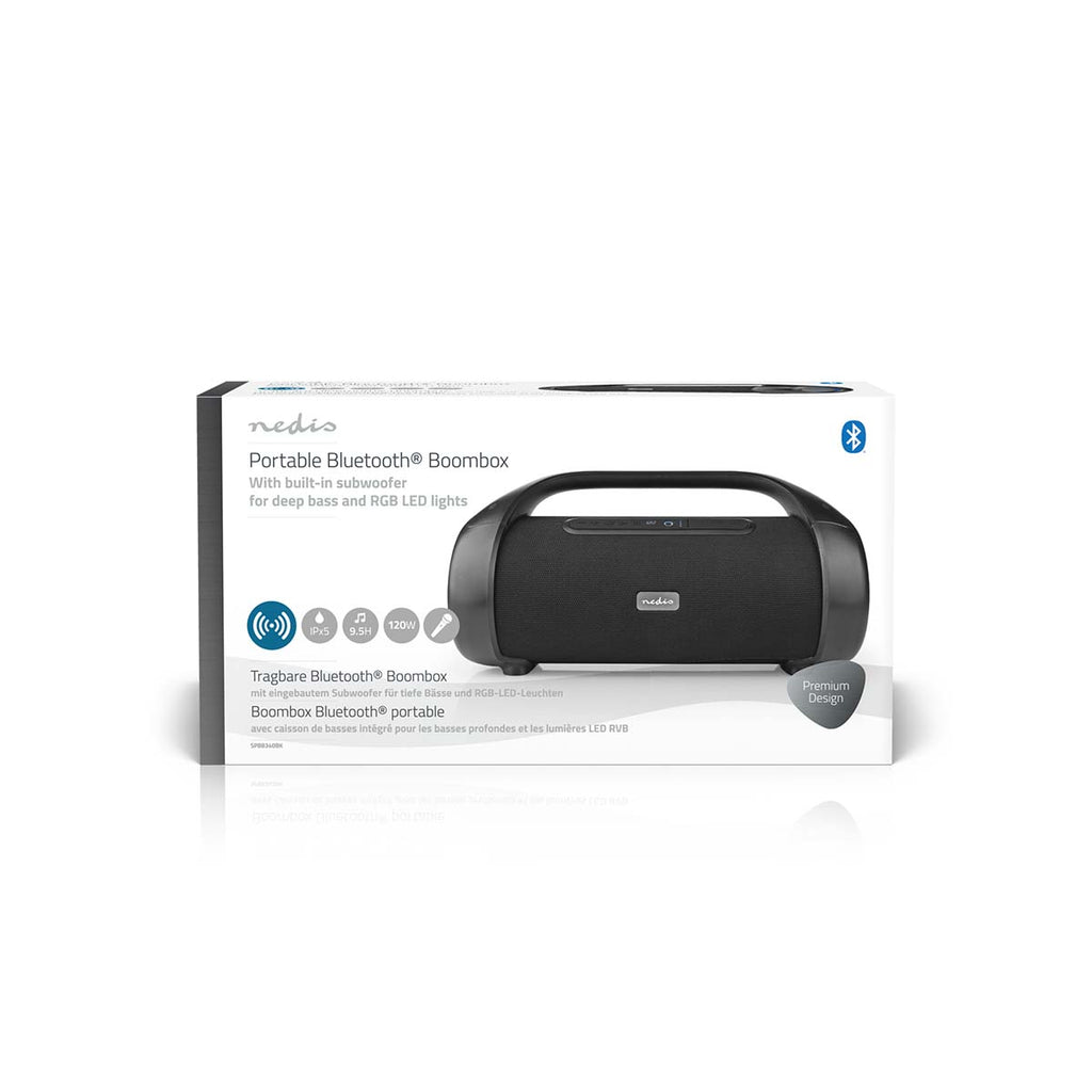 Bluetooth® Party Boombox | 9.5 óra | 2.1 | 120 W | Media lejátszás: AUX | IPX5 | Összekapcsolható | Hordozó fogantyú | Party fények | Fekete-13