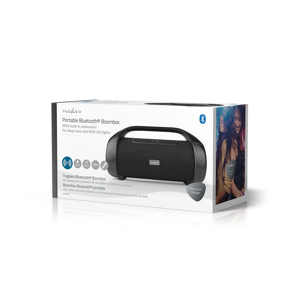 Bluetooth® Party Boombox | 9.5 óra | 2.1 | 120 W | Media lejátszás: AUX | IPX5 | Összekapcsolható | Hordozó fogantyú | Party fények | Fekete-14