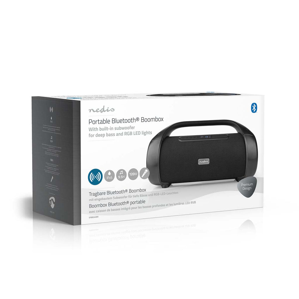 Bluetooth® Party Boombox | 9.5 óra | 2.1 | 120 W | Media lejátszás: AUX | IPX5 | Összekapcsolható | Hordozó fogantyú | Party fények | Fekete-15